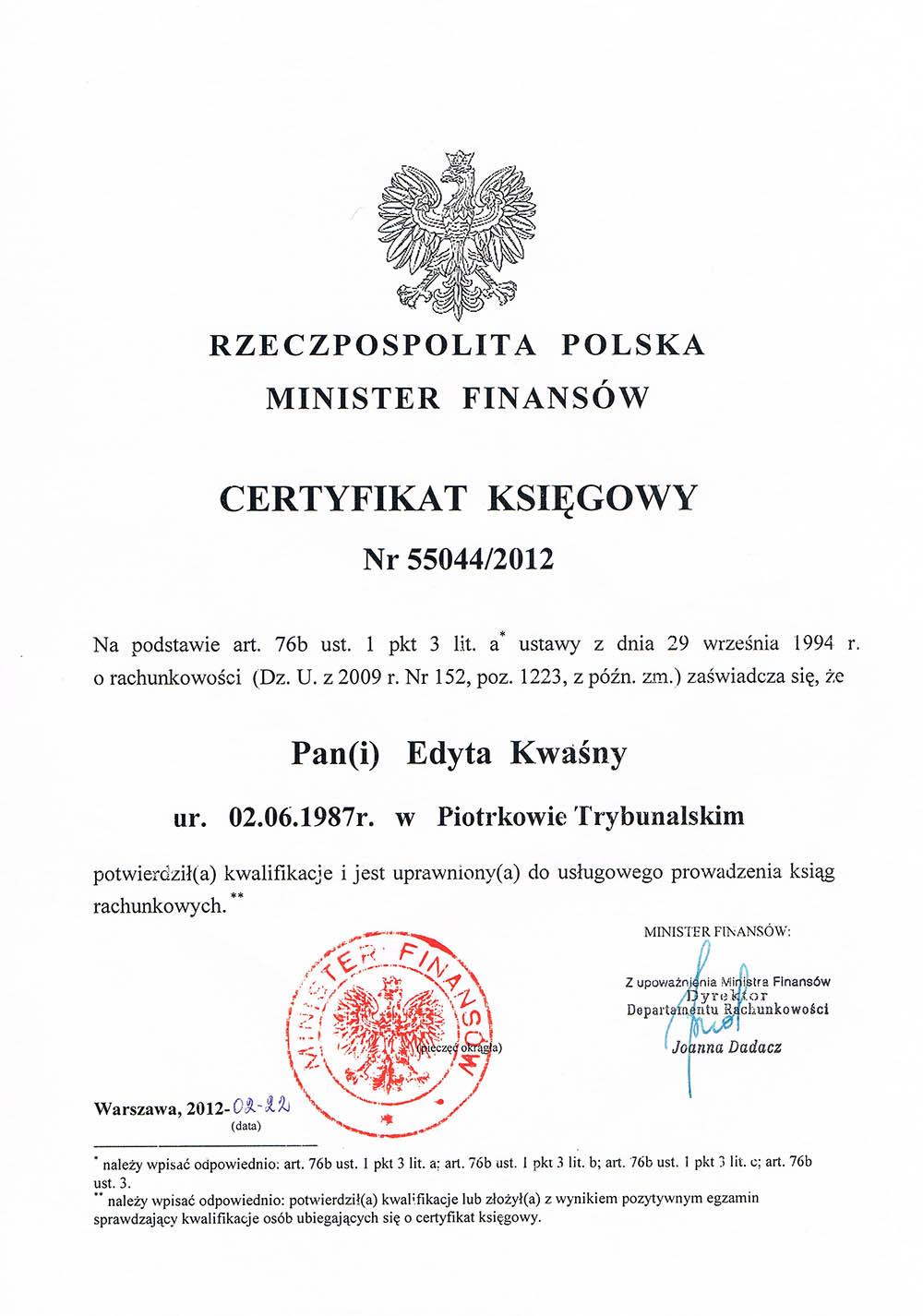 Biuro rachunkowe Żory, Rybnik – certyfikat 2